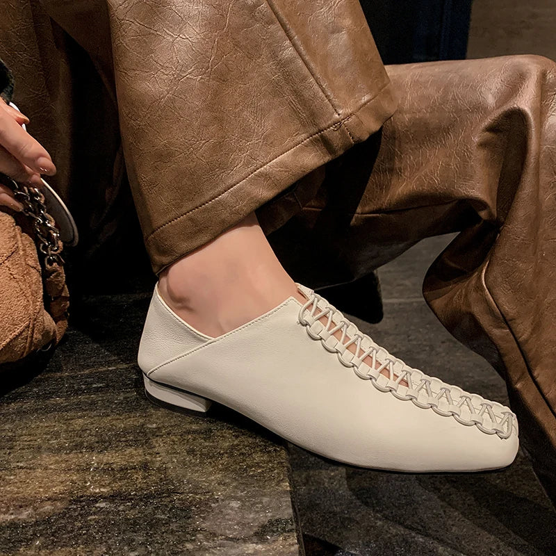 Women's Square Toe Low Heel Leather Flats – Shop at OWNLUXE
