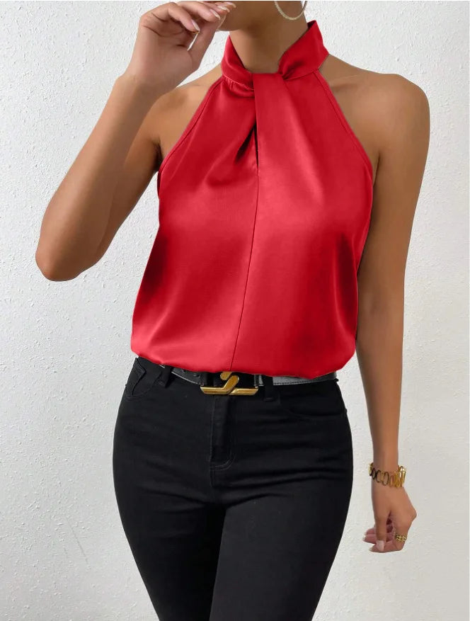 Vest Halter Satin Turtleneck Top | OWNLUXE