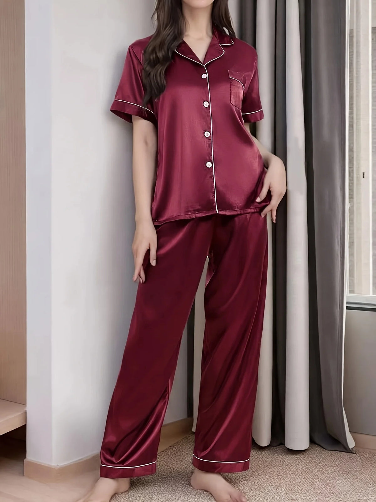 Two-Piece Satin Pajama Set (Blue) – Shop at OWNLUXE