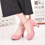 Load image into Gallery viewer, Spring Women Pumps Flock Sweet Thick High Heels Ankle Strap Female Platform Classic Round Toe Dress Cute Shoes Ladies Footwear
