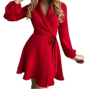 Print A-Line Dress with Lace-Up Detail - V-Neck Long Sleeve | OWNLUXE