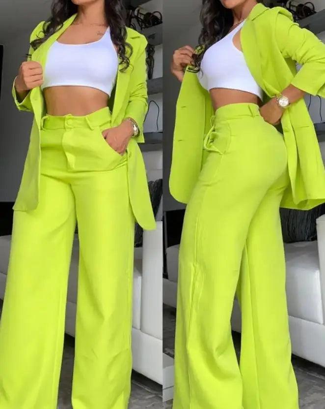 Elegant Women's Blazer Set – Notched Collar Coat & Wide-Leg Pants
