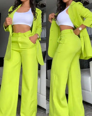 Blazer Pants Set - Notched Collar Coat & Wide-Leg Trousers for Women