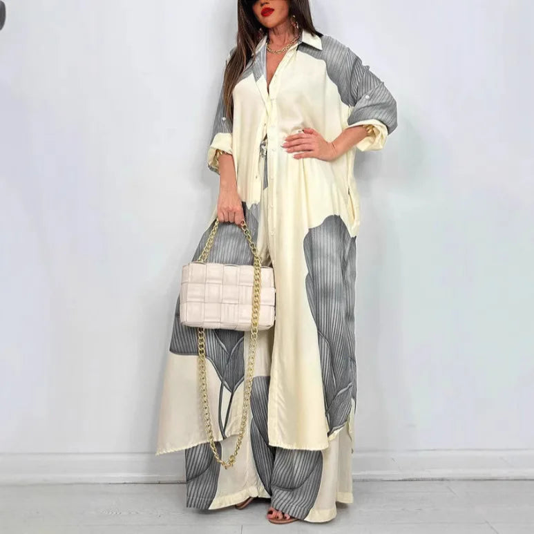 Women's Printed Long Shirt & Pants Set – Spring/Summer Loose Fit Style | Ensemble chemise longue et pantalon imprimé pour femme – Coupe ample printemps/été