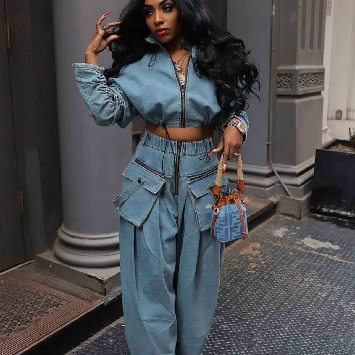 Women's Wide Leg Denim Two Piece Jacket | OWNLUXE