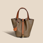 Genuine Cowhide Leather Bucket Bag - Fashion Lock Handbag with Phone Pocket | OWNLUXE