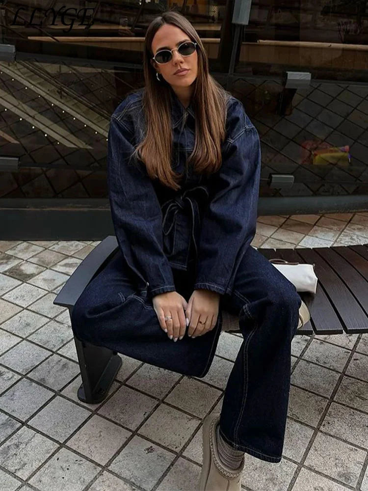 ✨ Women’s Belted Denim-Look Jacket & Pants Set – Mid Waist, Full Sleeve | Ensemble veste et pantalon effet denim pour femme – Taille mi-haute, manches longues ✨