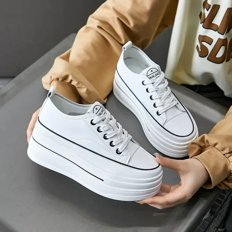 Women's Genuine Leather High Heel Street Sneakers