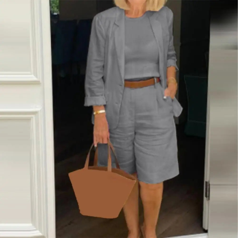 Classic Loose Fit Cotton Blend Outfit – Single-Breasted Coat & Elastic Waist Shorts