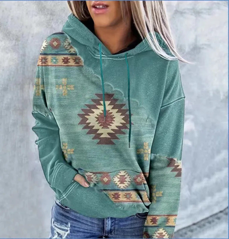 Sweatshirt Women's Hooded Ethnic Print Fashion Long Sleeve Sweatshirt Casual Street Top Hoodies for Female