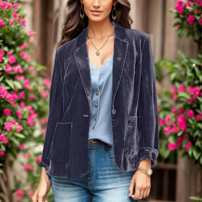 Gold Velvet Denim Jacket - Cropped Button-Front Winter Coat for Women