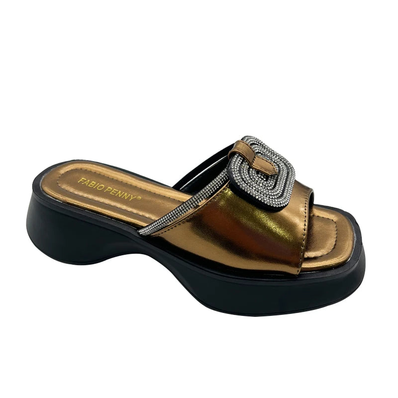 Women’s Mid Heel Slide Sandals – Cushioned Mixed-Color