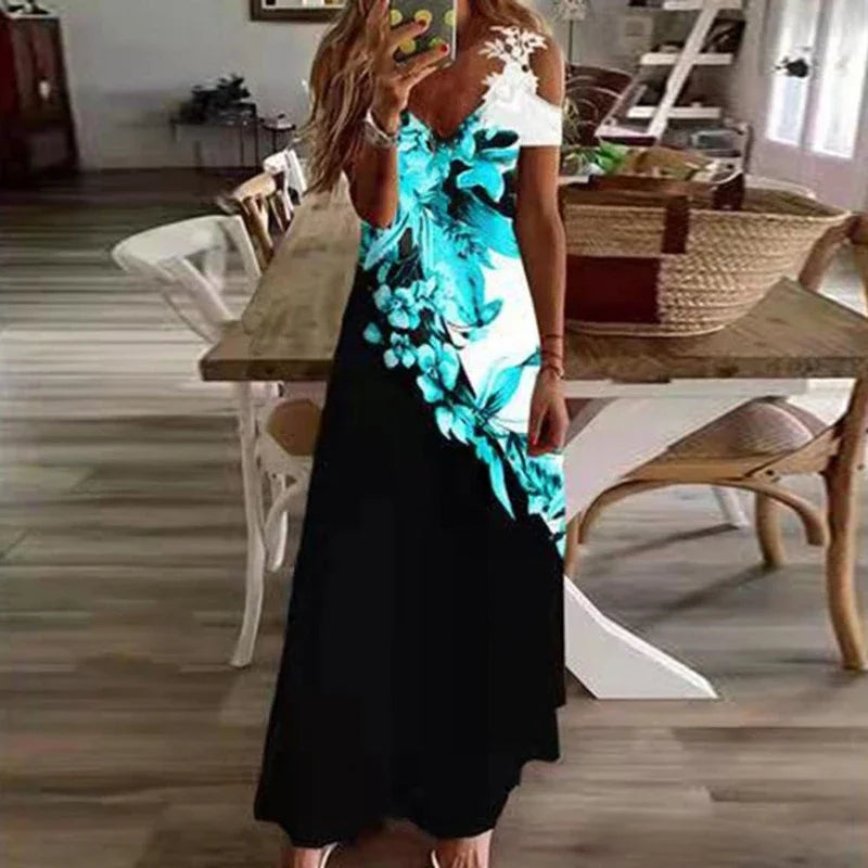 Floor-Length Printed V-Neck Camisole Dress – Elegant