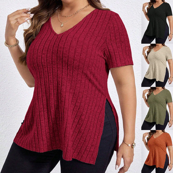 V-Neck Short-Sleeve Extended-Size Striped Blouse – Shop at OWNLUXE