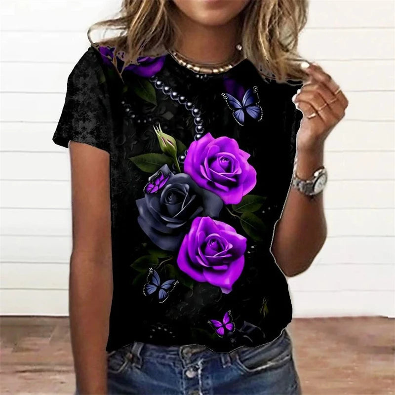Summer Fashion Women's T-shirt 3d Floral Print Tee Large | OWNLUXE