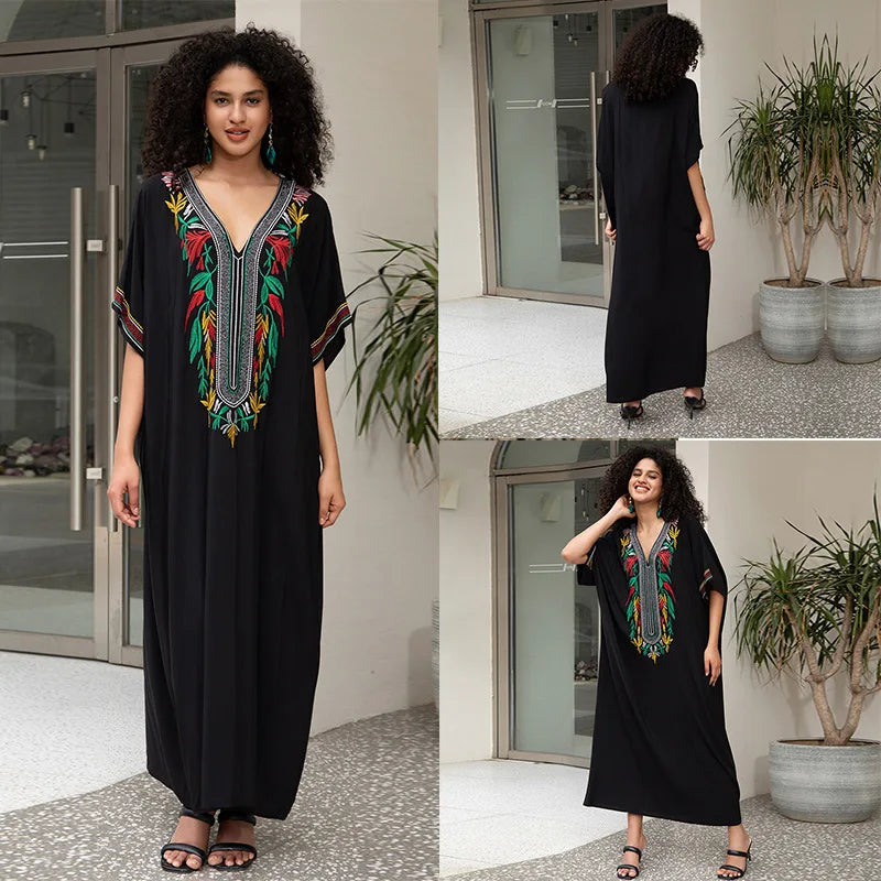 Embroidered V-Neck Short-Sleeve Swim Cover-Up | OWNLUXE