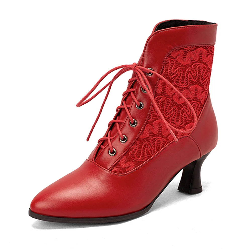Women’s Retro Lace-Up Ankle Boots – Pointed Toe Hoof Heel