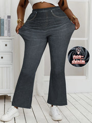 Women's Plus Size Denim Print Flared Pants - High Stretch Slimming Trousers