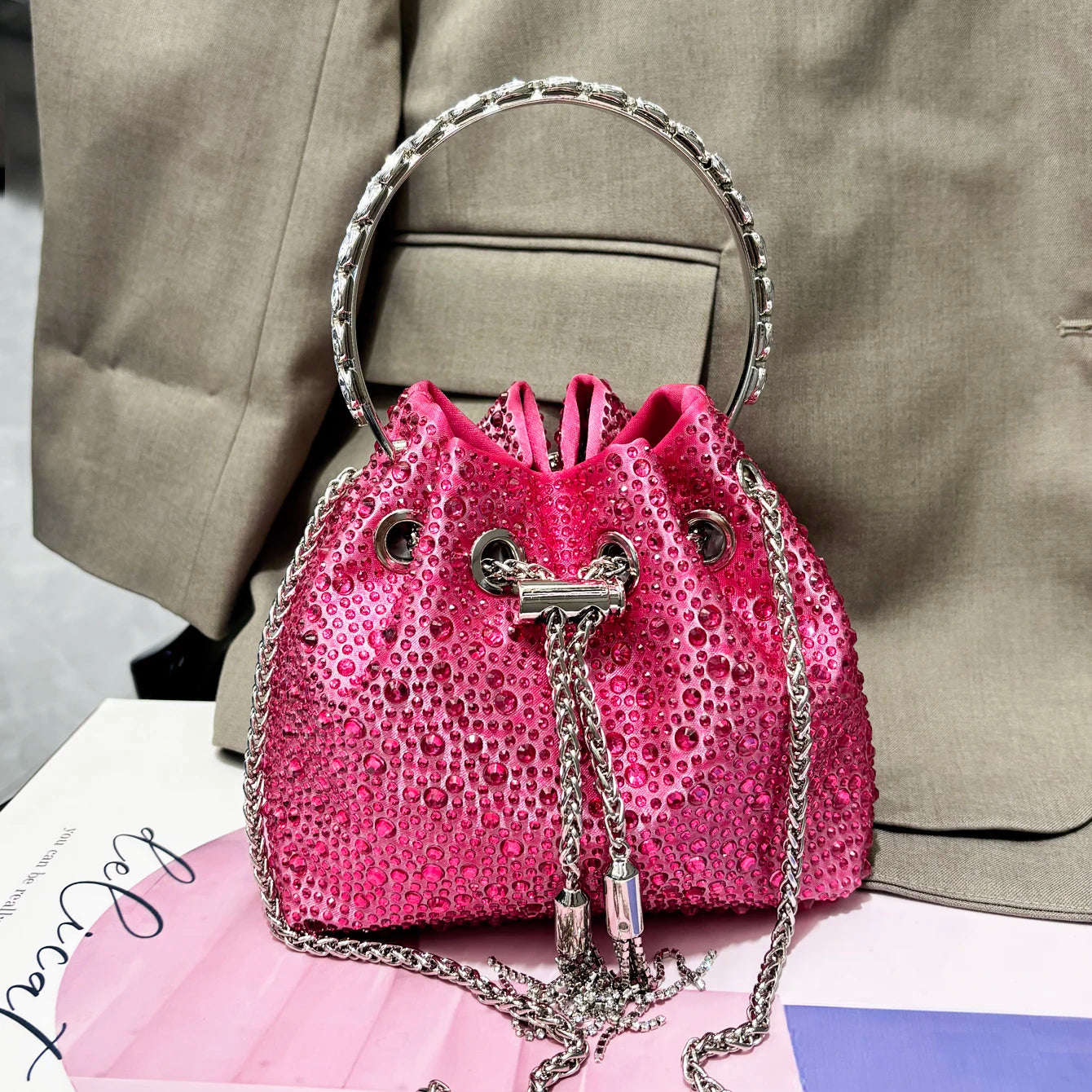Crystal Bucket Evening Bag (Green Pink) | OWNLUXE