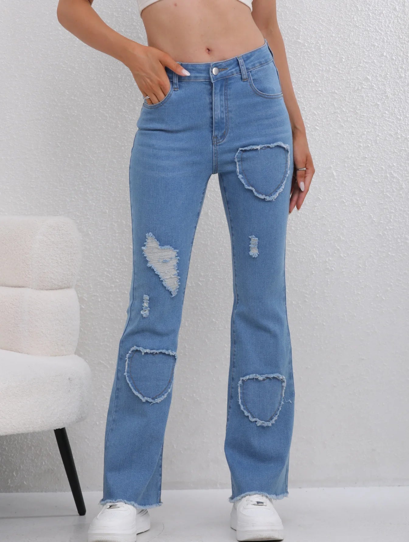 Denim Flared Jeans - High Waist Distressed Boot Cut Pants