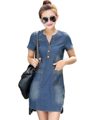 A-Line Mini Dress with V-Neck & Empire Waist - Denim Dress with Pockets