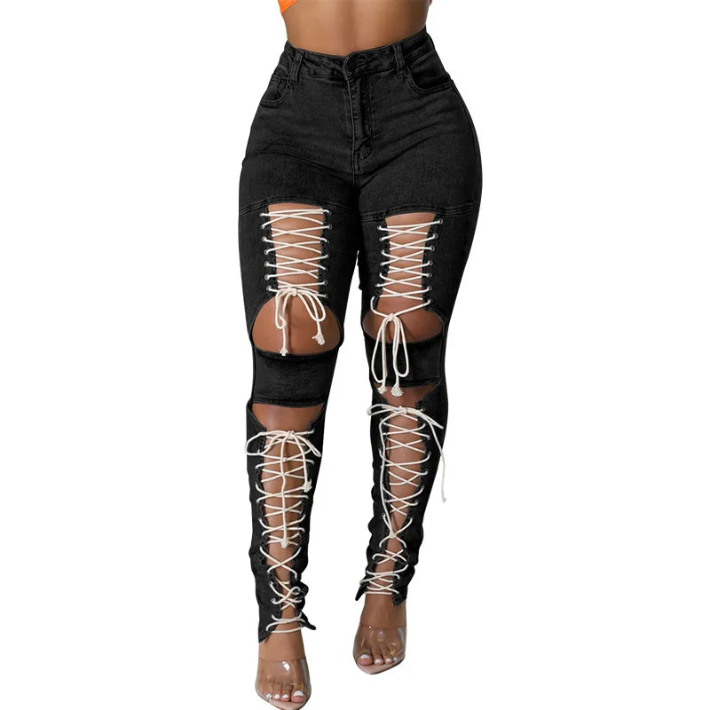 Women’s Distressed Lace-Up Skinny Jeans – High-Rise