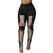 Women’s Distressed Lace-Up Skinny Jeans – High-Rise