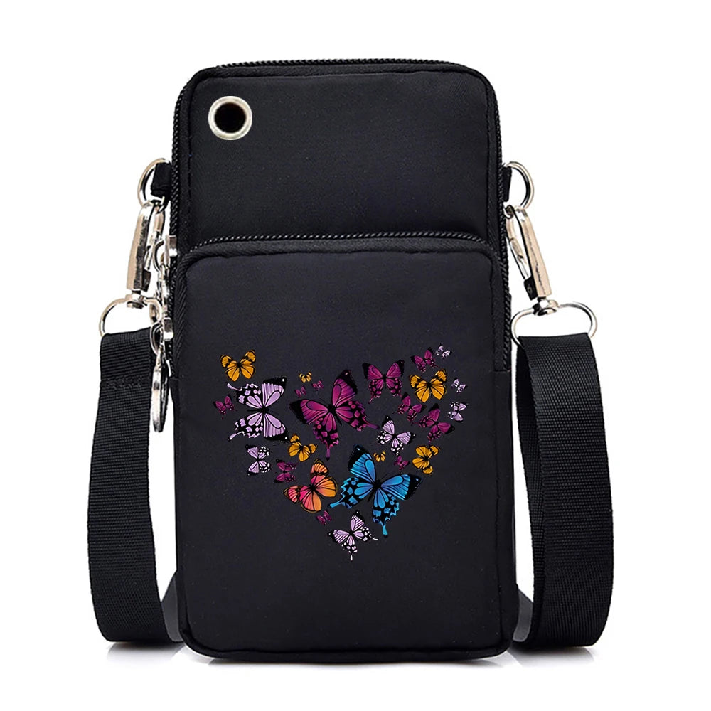 Mini Nylon Phone Crossbody Bag – Butterfly Print Neck Pouch with Zipper