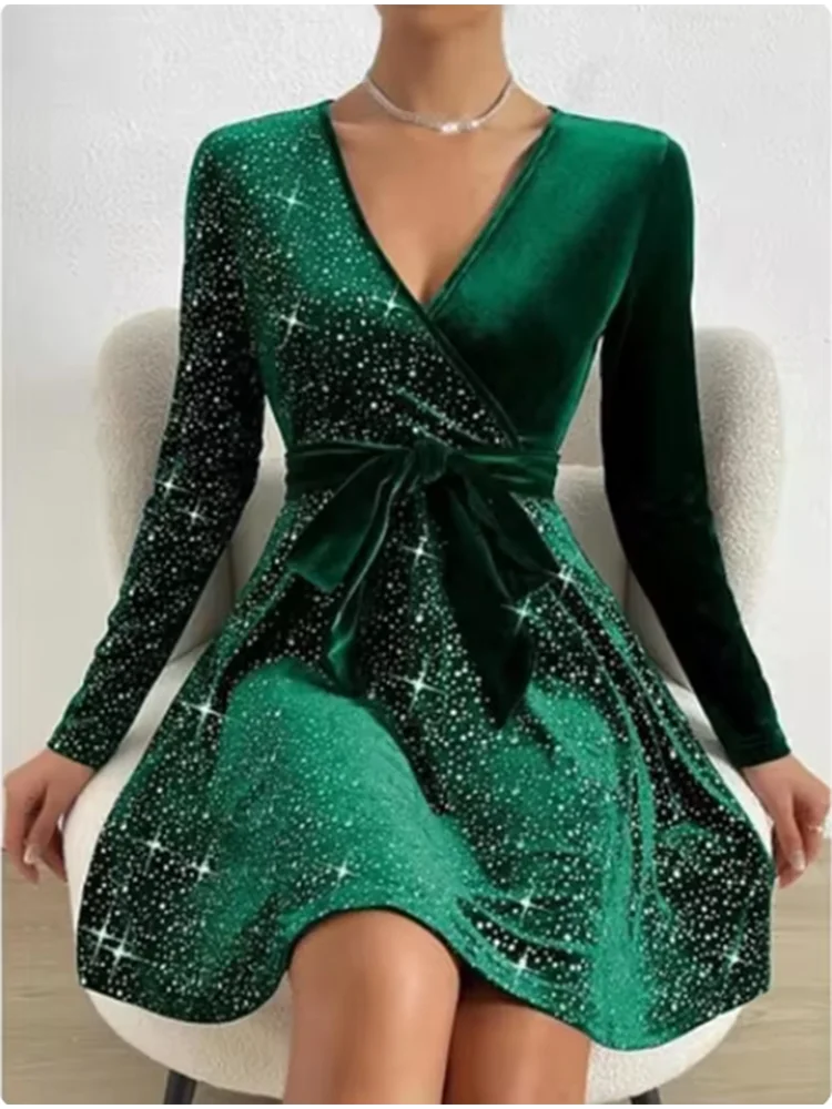 V-Neck Sequin Long-Sleeve Dress | OWNLUXE