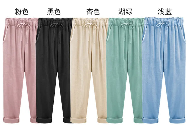 Cotton Linen Pants - Elastic Waist Ankle Length Casual Trousers