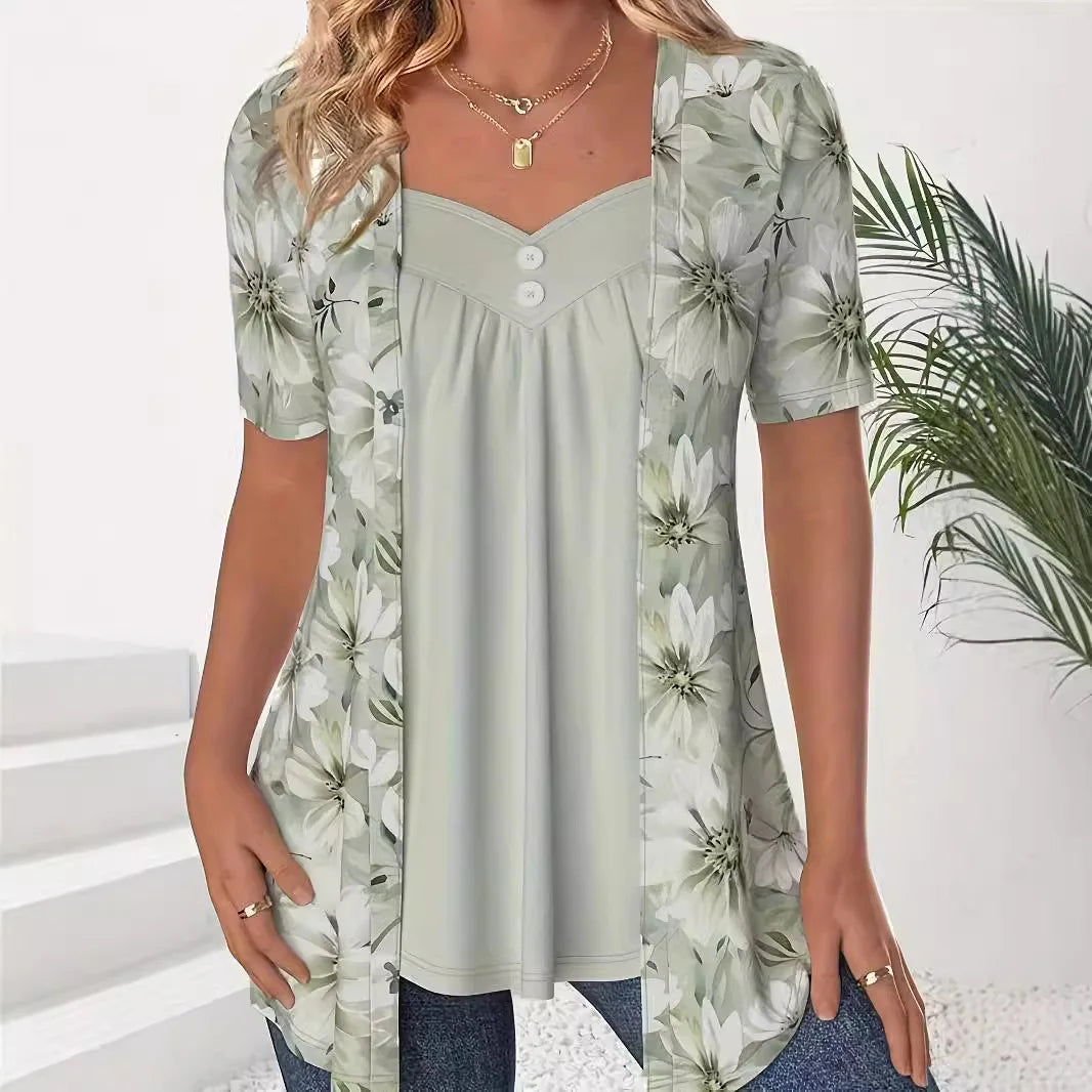 Patchwork Knit Button Top with Square Neckline