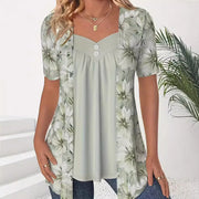 Patchwork Knit Button Top with Square Neckline