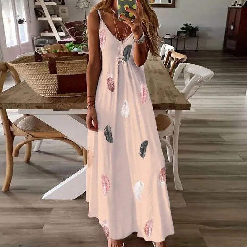 Ankle-Length V-Neck Printed A-Line Dress – Effortless Chic