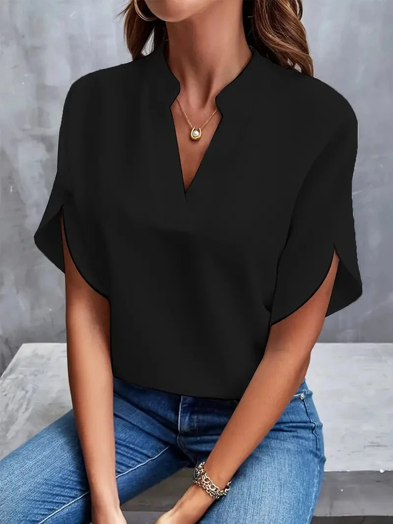 Chiffon Relaxed Long-Sleeve V-Neck Oversized Blouse | OWNLUXE