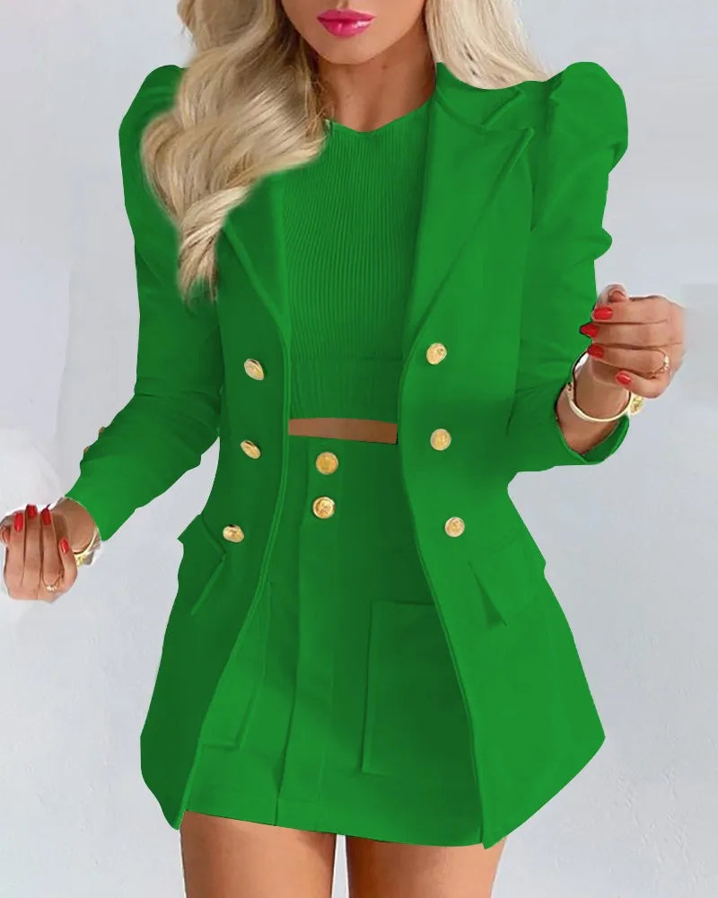 Women's Elegant Plaid Print Blazers Skirt Two Piece Set Notched Long Sleeve | OWNLUXE