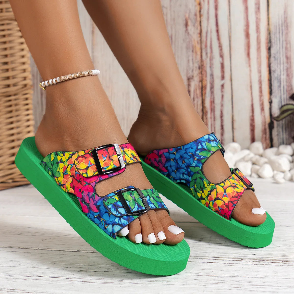 Women’s Buckle Slide Sandals – Lightweight Mixed Color Flats