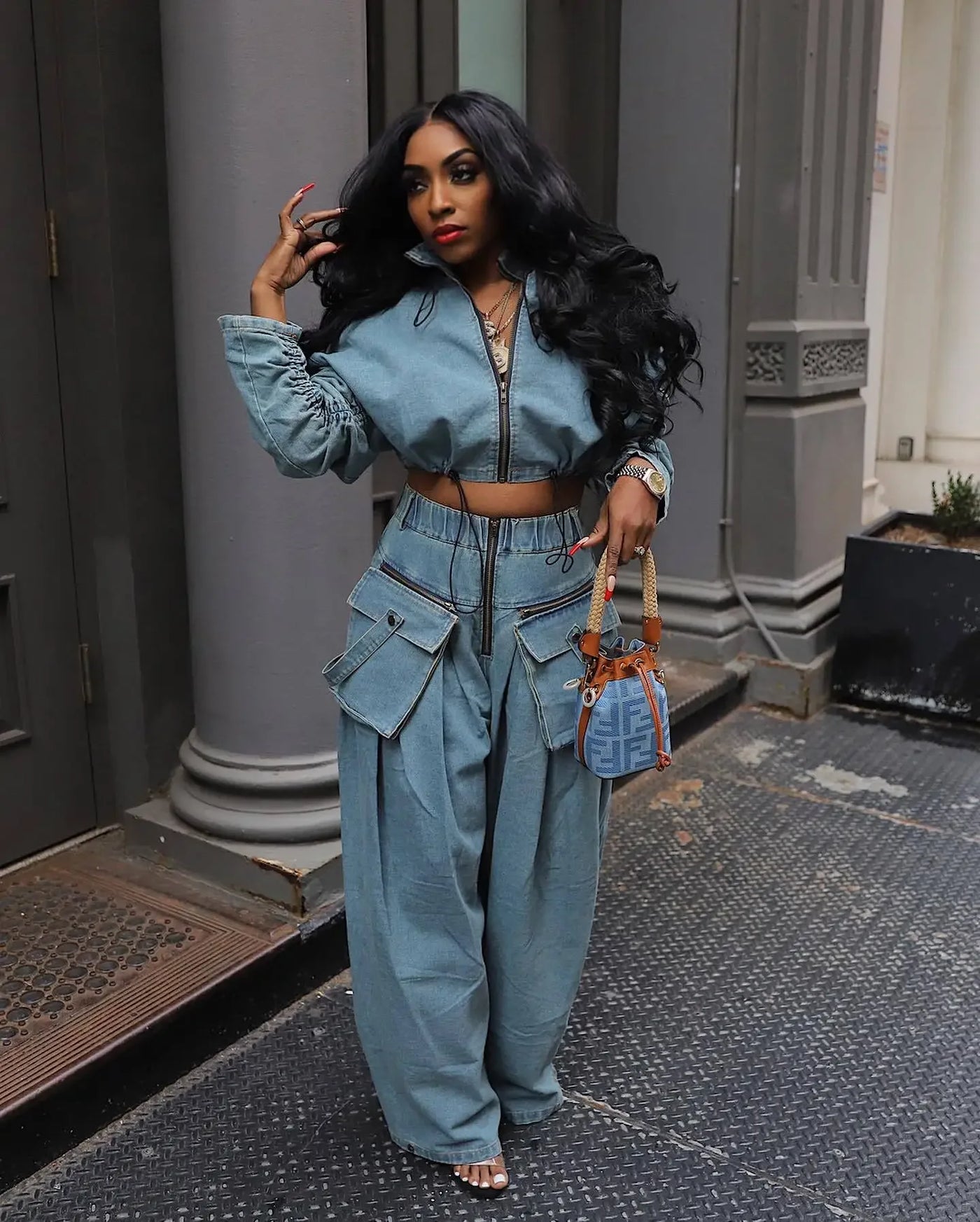 Women's Wide Leg Denim Two Piece Jacket | OWNLUXE