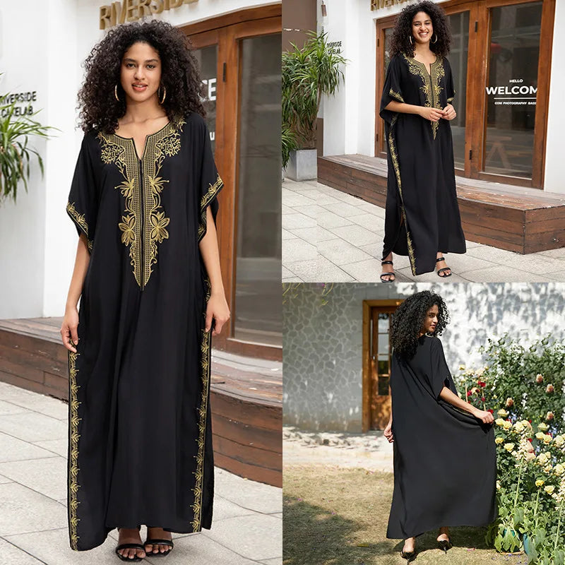 Embroidered V-Neck Short-Sleeve Swim Cover-Up | OWNLUXE