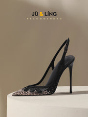 New Baotou sexy sandals with one buckle and summer mesh, rhinestone high heels for women, slim heels, shallow mouth