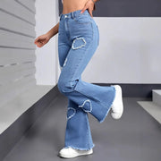 Denim Flared Jeans - High Waist Distressed Boot Cut Pants