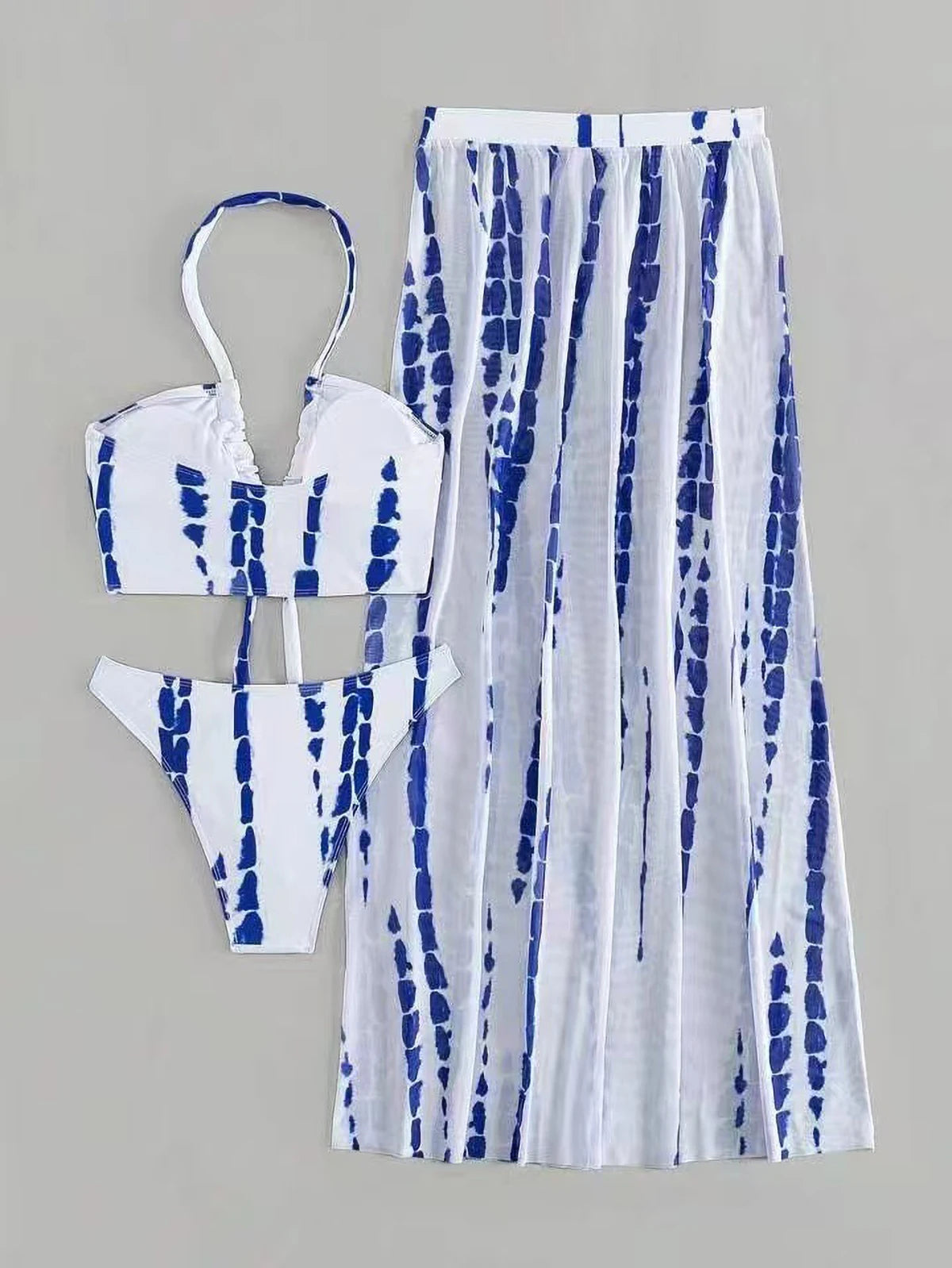 Vela Vikinis Sexy Blue 3 Piece Bikini Set with Padded Bra, High Waist Striped Bottoms & Skirt Women's Swimsuit 2025