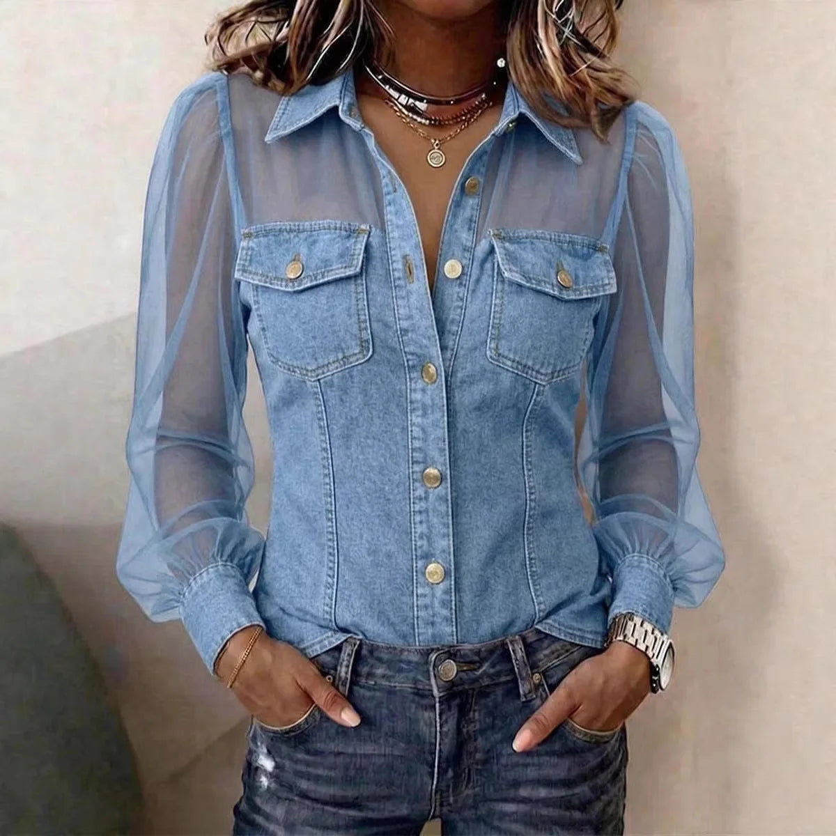 Puff-Sleeve Denim Mesh Blouse | OWNLUXE