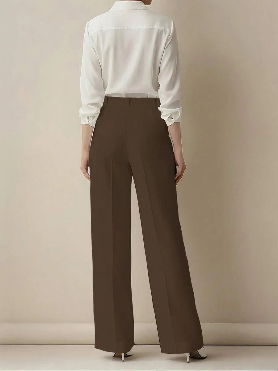 Women's High Waist Work Trousers - Casual Loose Fit Pants with Pockets