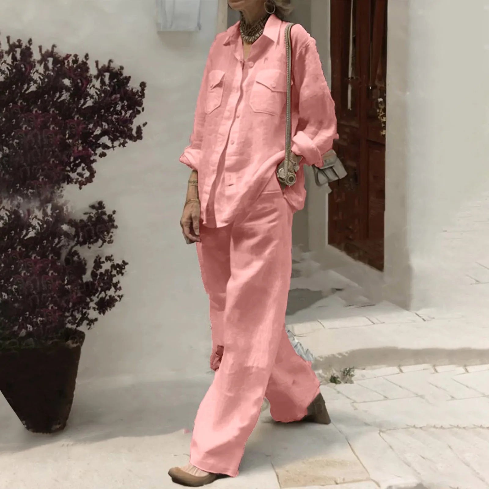 🌈 Women's Wide-Leg Set with Turn-Down Collar – Versatile Style for All Seasons 🌈 Ensemble femme à jambes larges avec col rabattu – Style polyvalent pour toutes les saisons