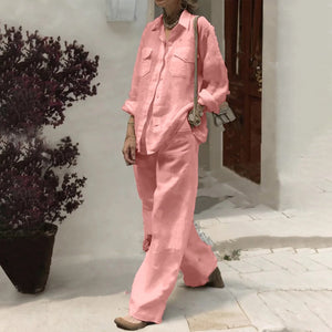 🌈 Women's Wide-Leg Set with Turn-Down Collar – Versatile Style for All Seasons 🌈 Ensemble femme à jambes larges avec col rabattu – Style polyvalent pour toutes les saisons