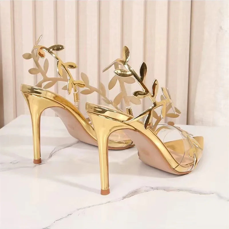Gold Leaf Gladiator Stiletto Sandals with Pointed Toe