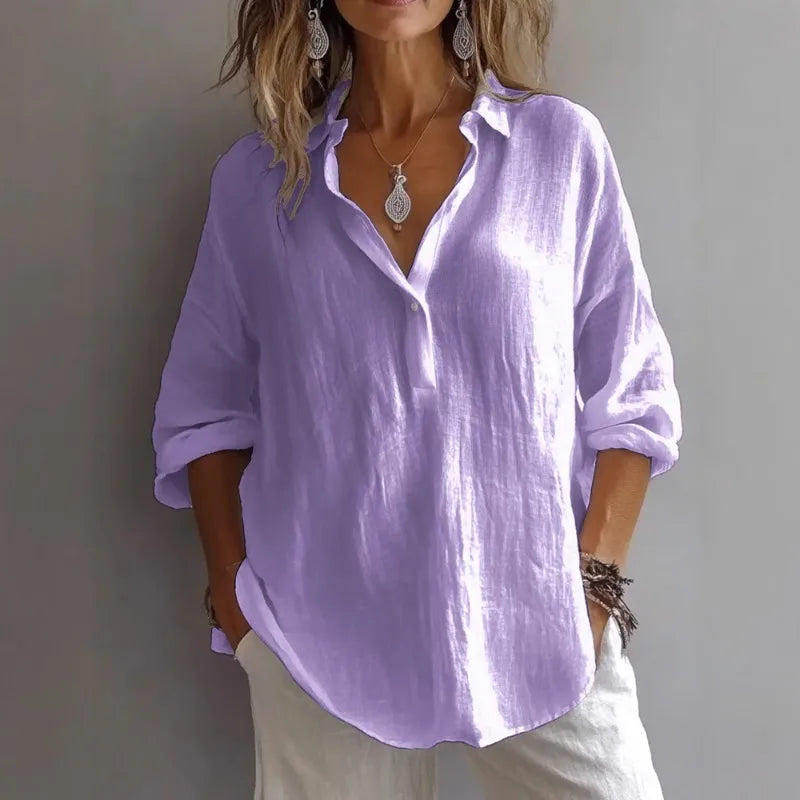 Turn-Down-Collar Relaxed Long-Sleeve Cotton Linen Blouse | OWNLUXE