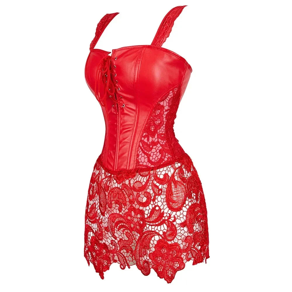 Steampunk Corset Dress - Gothic Faux Leather Bustier with Lace Skirt | OWNLUXE