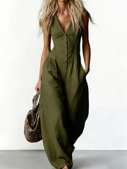 Women's Sleeveless V-Neck Jumpsuit (Black) | OWNLUXE