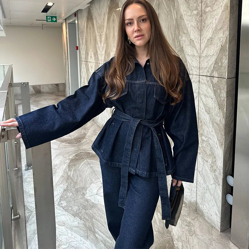 ✨ Women’s Belted Denim-Look Jacket & Pants Set – Mid Waist, Full Sleeve | Ensemble veste et pantalon effet denim pour femme – Taille mi-haute, manches longues ✨